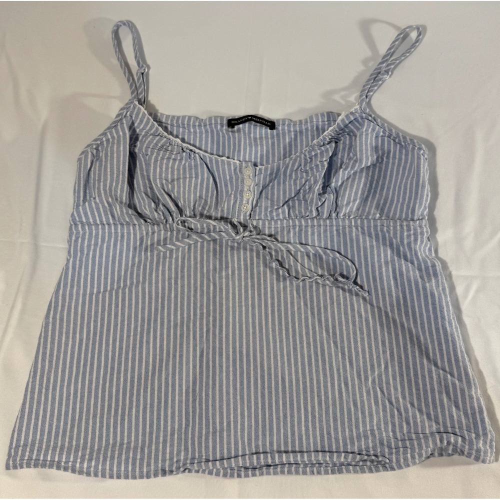 Brandy Melville Blue White Striped Cami Tank Top Ruffle Button Front Tie OS